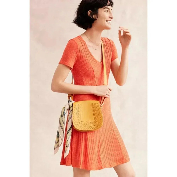 Anthropologie Dolan Ribbed Vneck Short Sleeve Fit And Flare Coral Dress - Picture 1 of 13